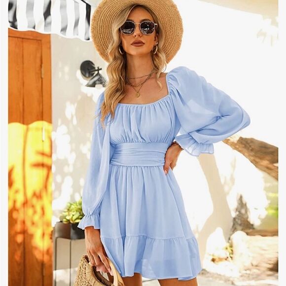 Exlura Chiffon Open Tie Back Ruffle Hem Dress Blue Medium - Picture 1 of 13